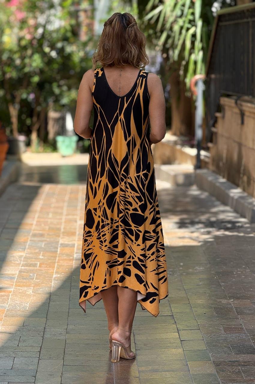 TOKALI Hardal Alev Desenli Askılı Elbise