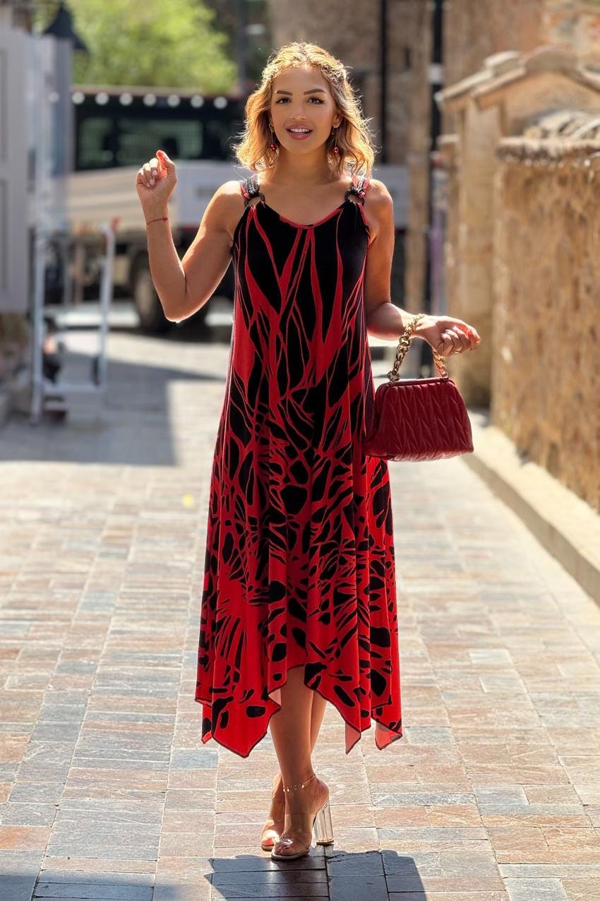TOKALI Kırmızı Alev Desenli Askılı Elbise