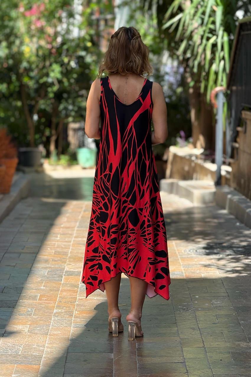 TOKALI Kırmızı Alev Desenli Askılı Elbise