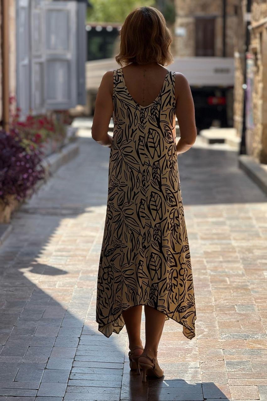 TOKALI Krem Yaprak Desenli Askılı Elbise