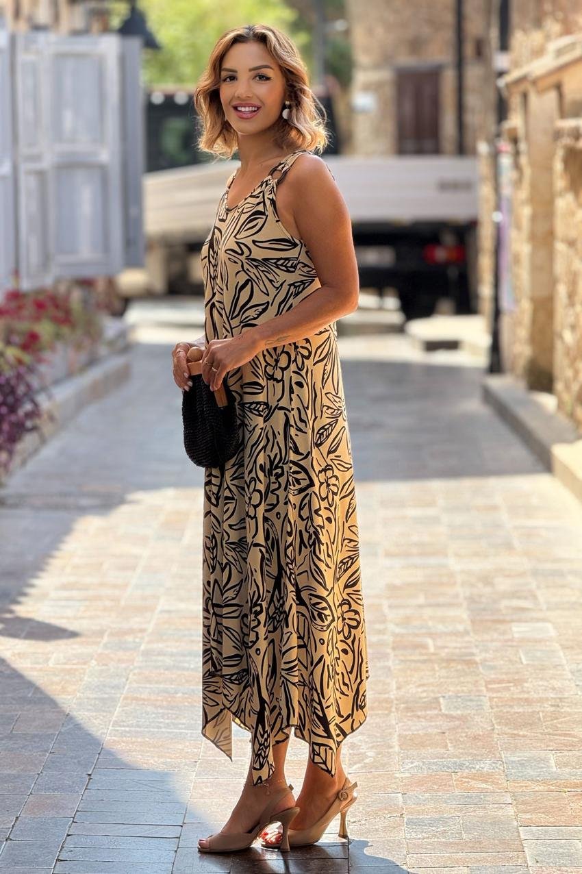 TOKALI Krem Yaprak Desenli Askılı Elbise