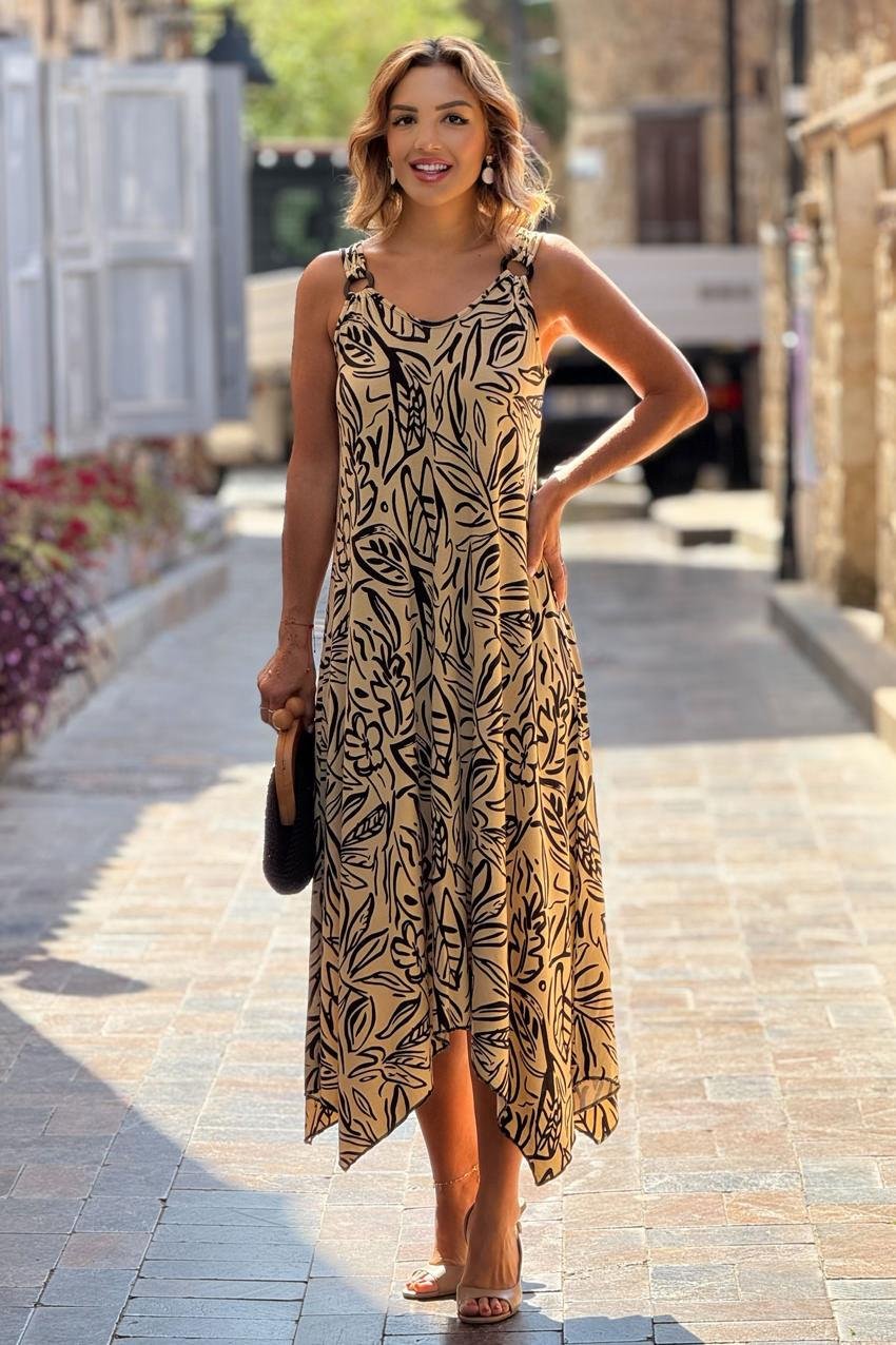 TOKALI Krem Yaprak Desenli Askılı Elbise