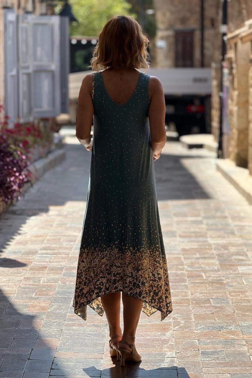 TOKALI Petrol Etekleri Leopar Askılı Elbise