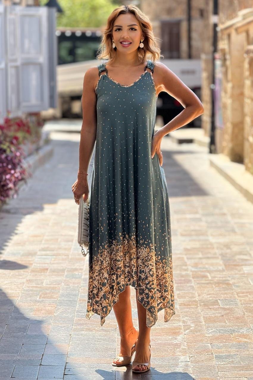 TOKALI Petrol Etekleri Leopar Askılı Elbise