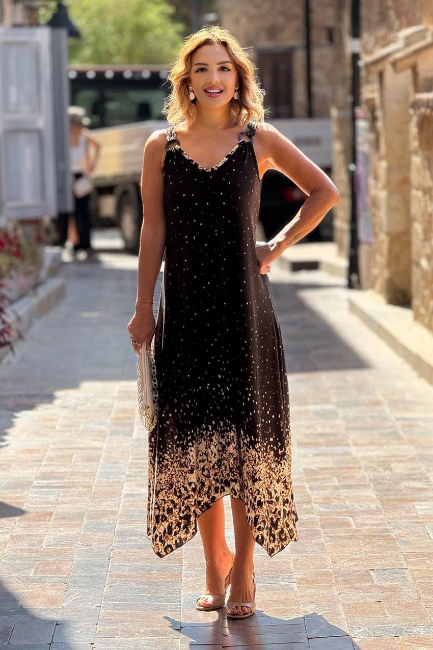 TOKALI Siyah Etekleri Leopar Askılı Elbise