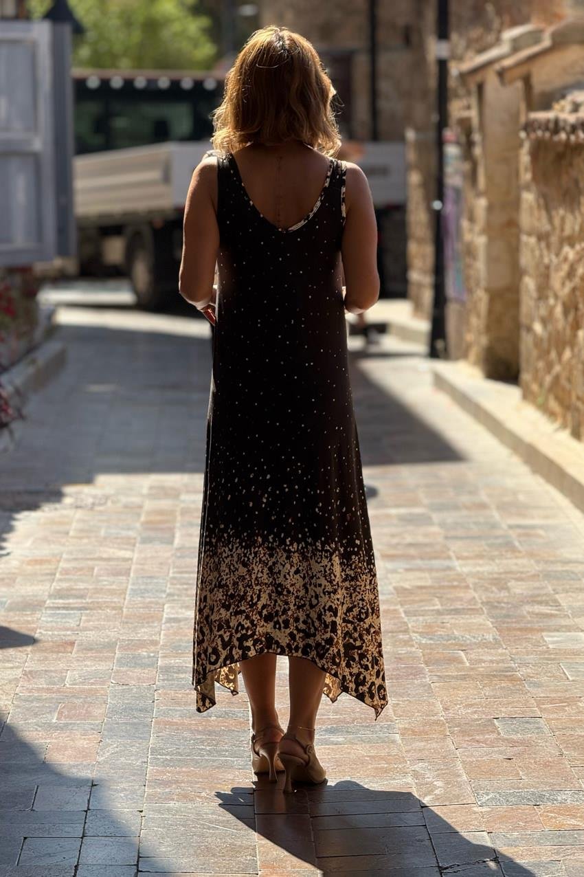 TOKALI Siyah Etekleri Leopar Askılı Elbise