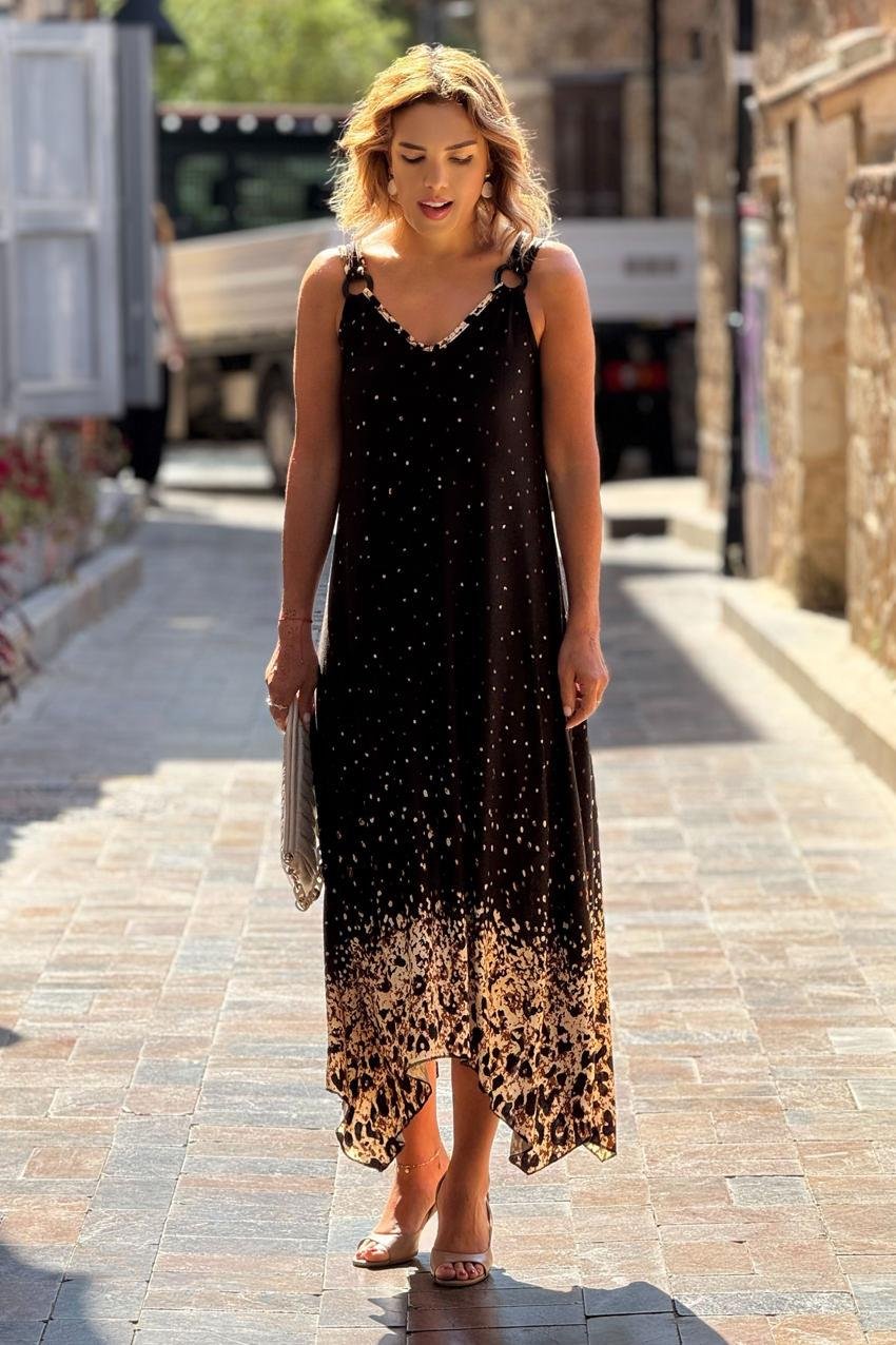 TOKALI Siyah Etekleri Leopar Askılı Elbise