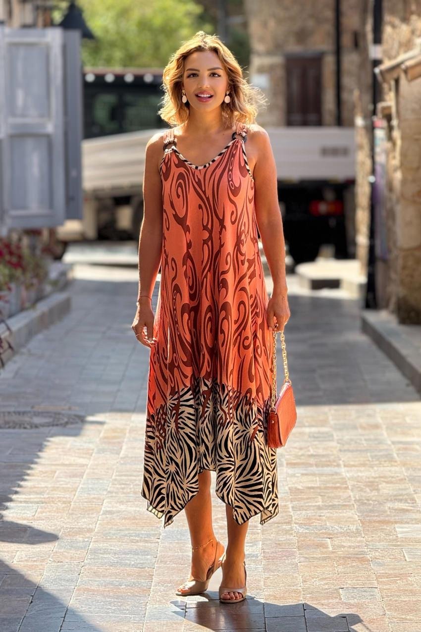 TOKALI Yavru Ağzı Safari Desenli Askılı Elbise