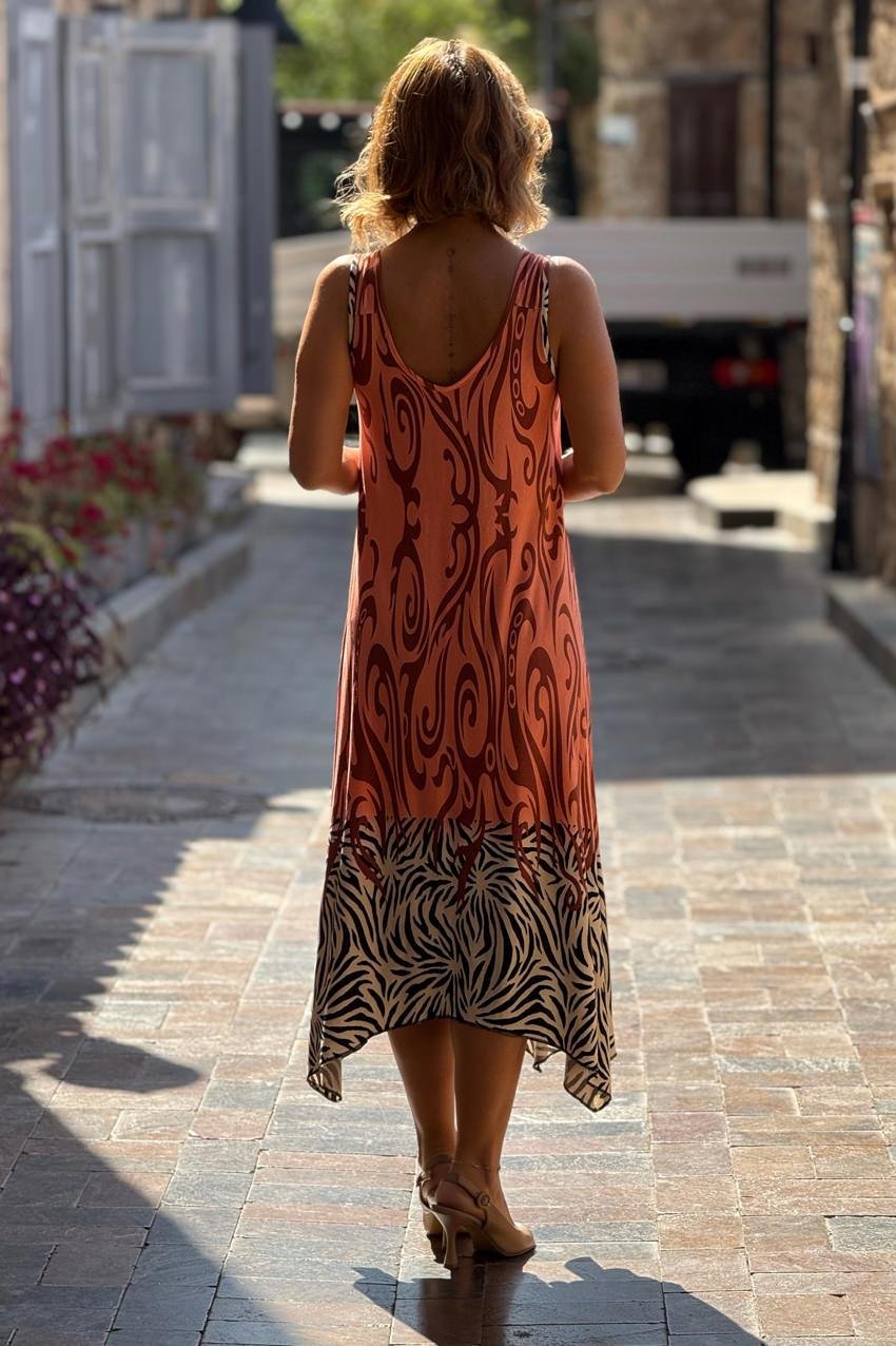 TOKALI Yavru Ağzı Safari Desenli Askılı Elbise