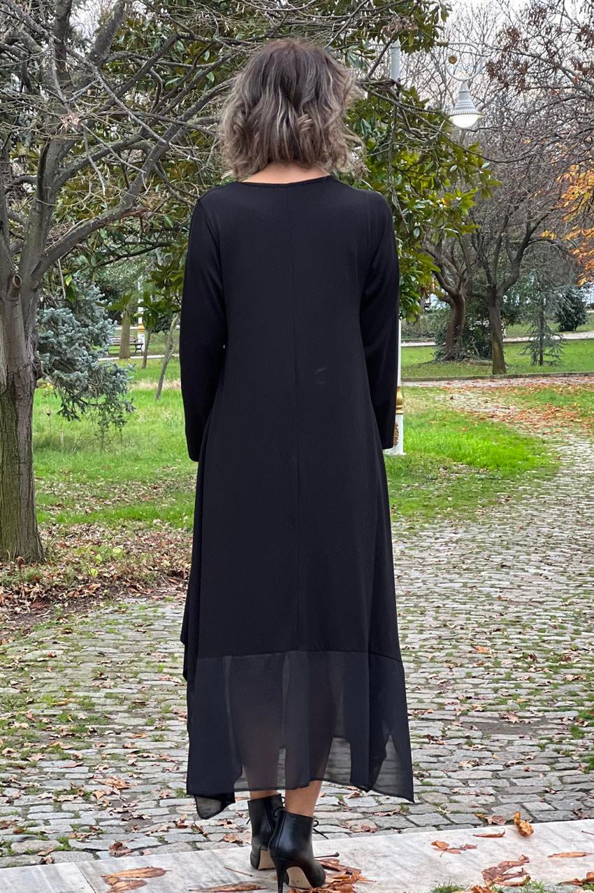 Tül Detaylı Siyah Gotik Kiloları Gizleyen Elbise