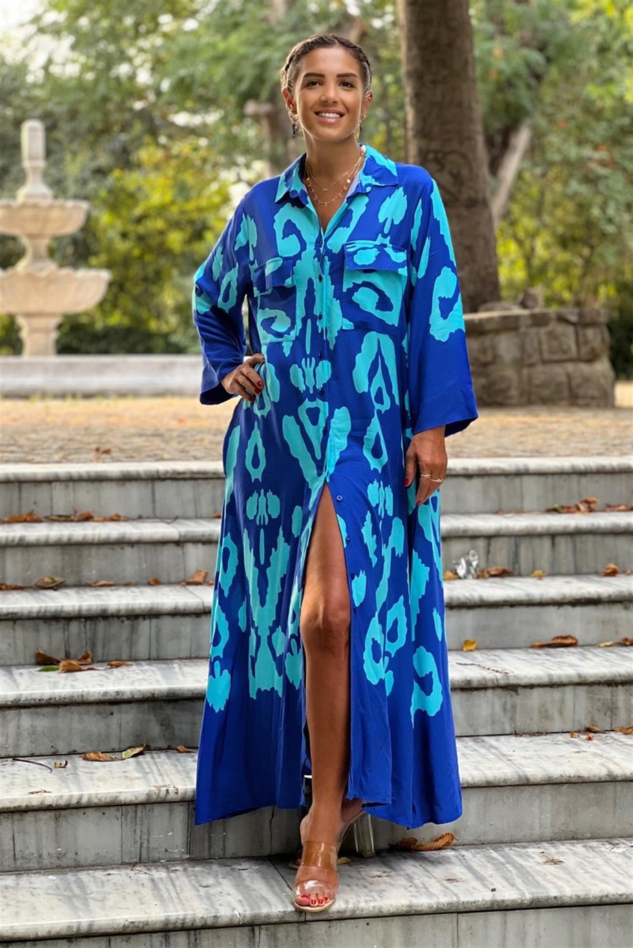 Turkuaz Alice Desenli Gömlek Elbise