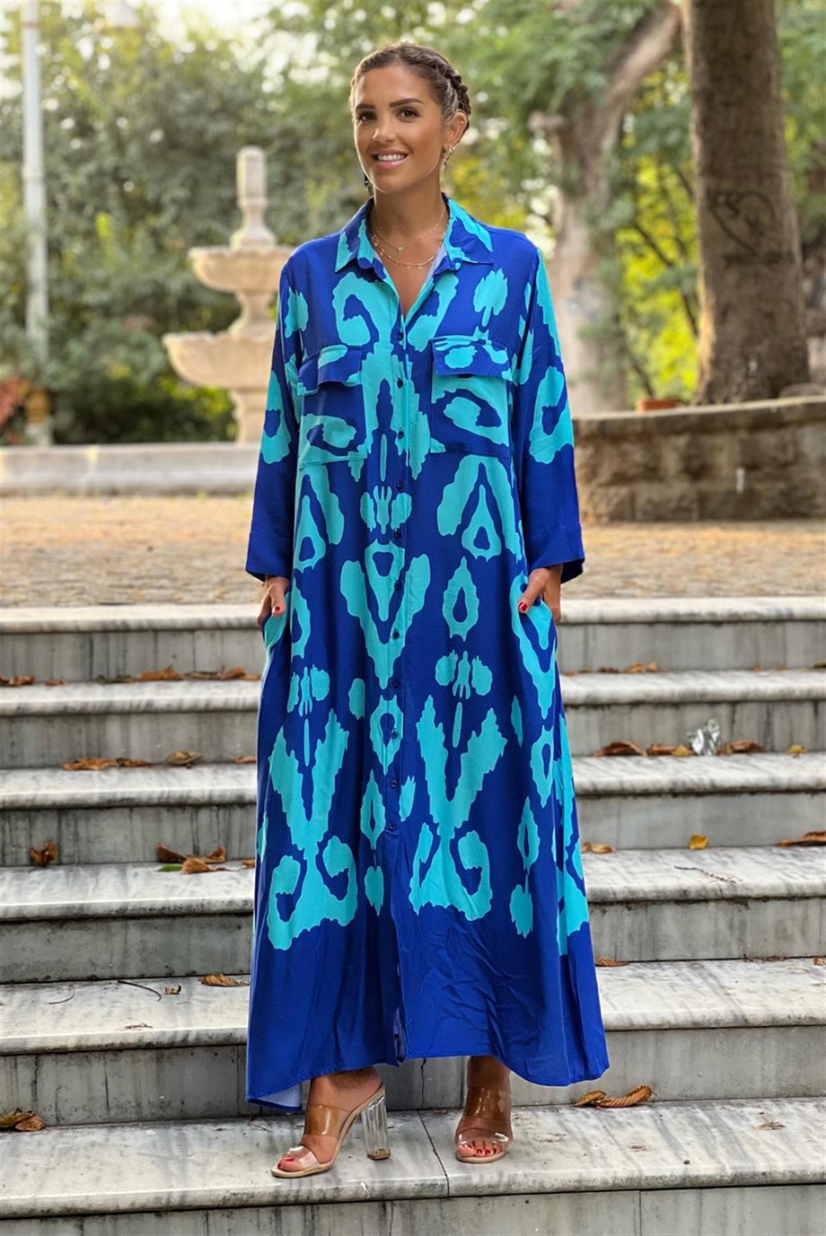 Turkuaz Alice Desenli Gömlek Elbise