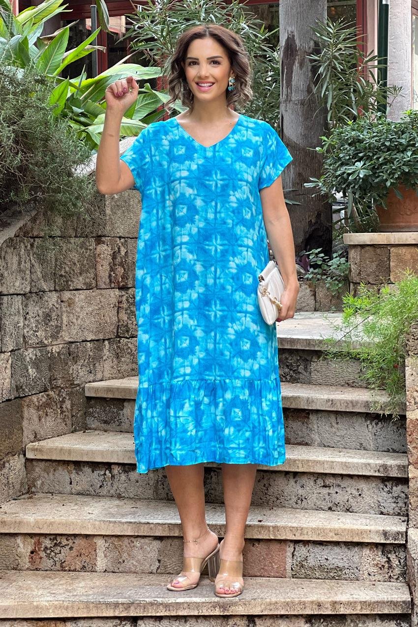 Turkuaz Batik Desenli %100 Pamuk Viskon Elbise