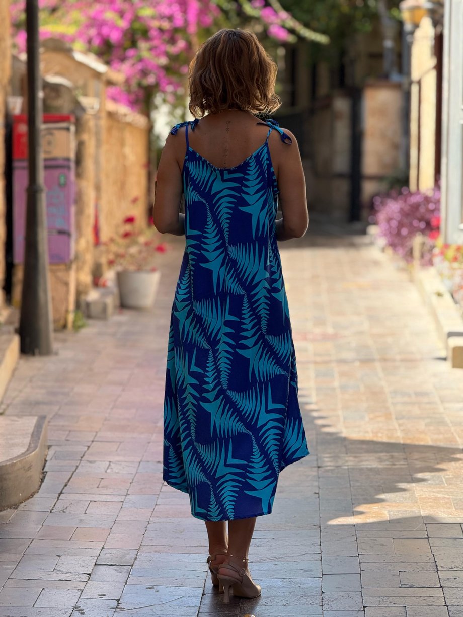 Turkuaz Çam Desenli Omuzları Bağlamalı Askılı Elbise