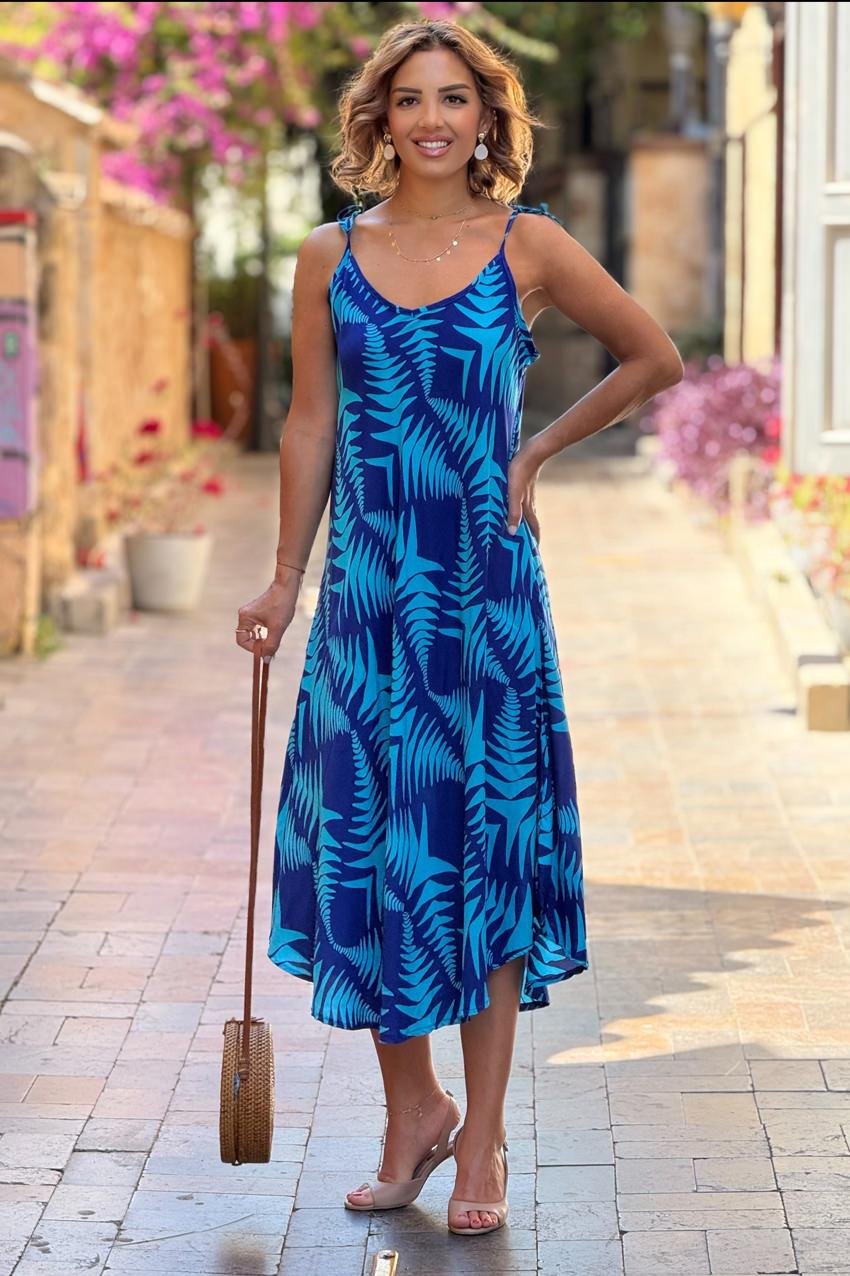 Turkuaz Çam Desenli Omuzları Bağlamalı Askılı Elbise