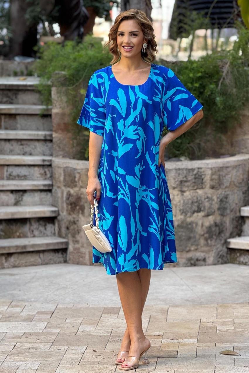 Turkuaz Gardenya Kayık Yaka %100 Pamuk Viskon Elbise