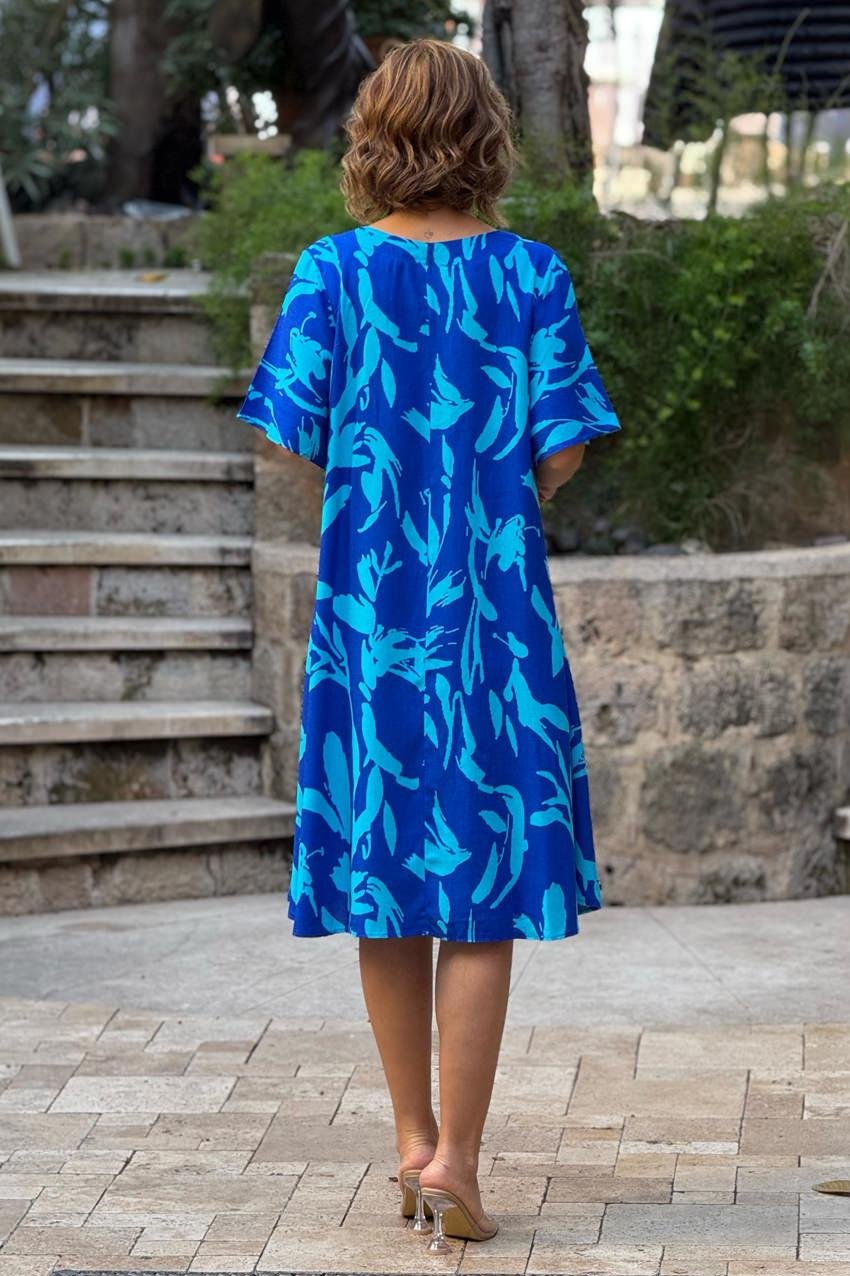 Turkuaz Gardenya Kayık Yaka %100 Pamuk Viskon Elbise