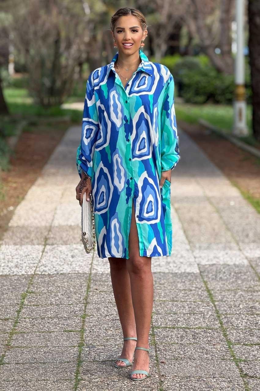 Turkuaz Mone Desen Midi Boy Gömlek Elbise %100 Pamuk Viskon