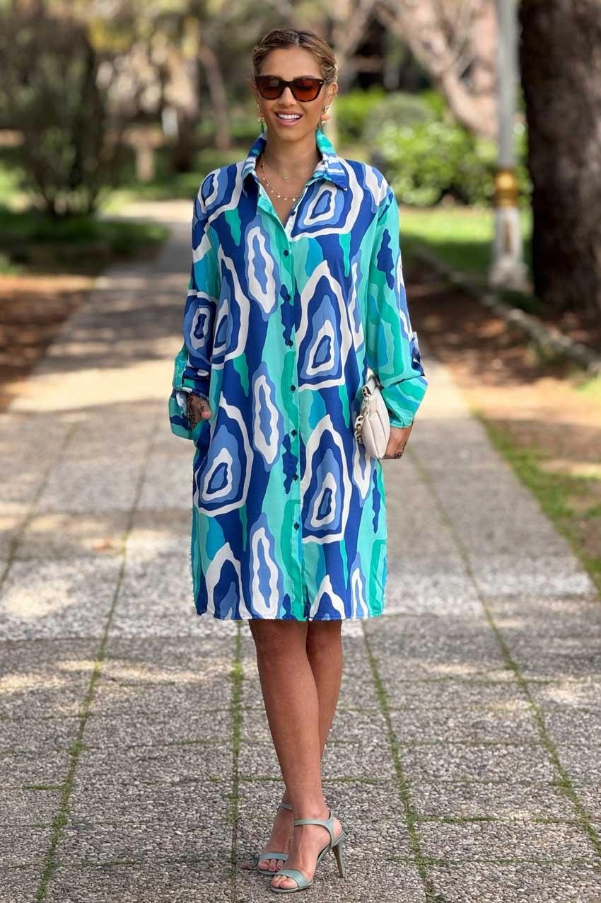 Turkuaz Mone Desen Midi Boy Gömlek Elbise %100 Pamuk Viskon