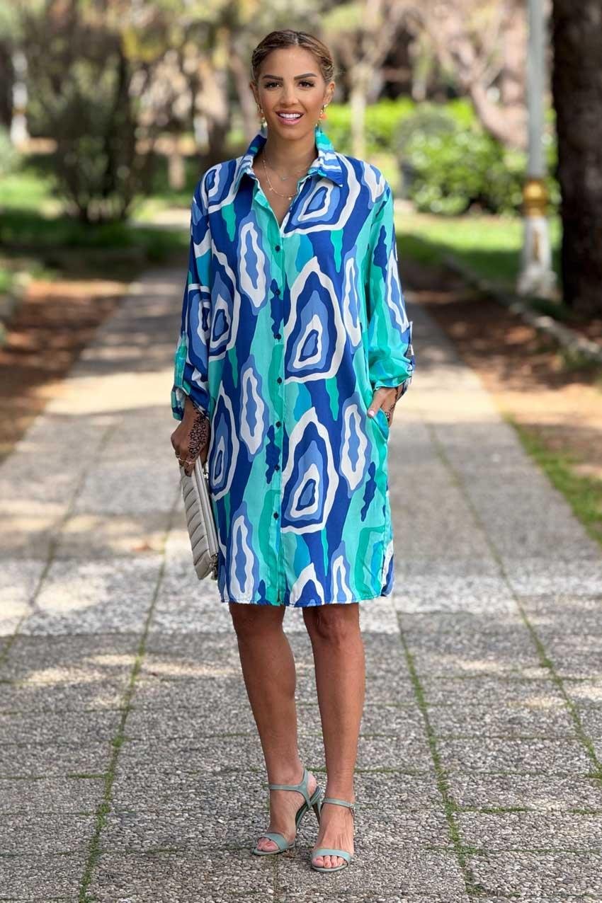 Turkuaz Mone Desen Midi Boy Gömlek Elbise %100 Pamuk Viskon