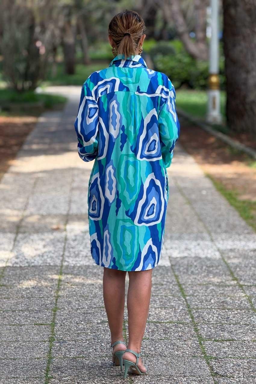 Turkuaz Mone Desen Midi Boy Gömlek Elbise %100 Pamuk Viskon