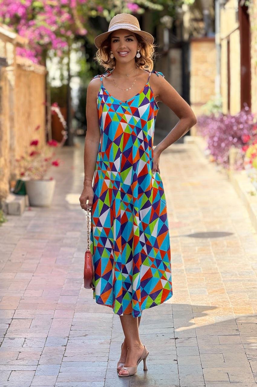 Turkuaz Mozaik Desenli Omuzları Bağlamalı Askılı Elbise