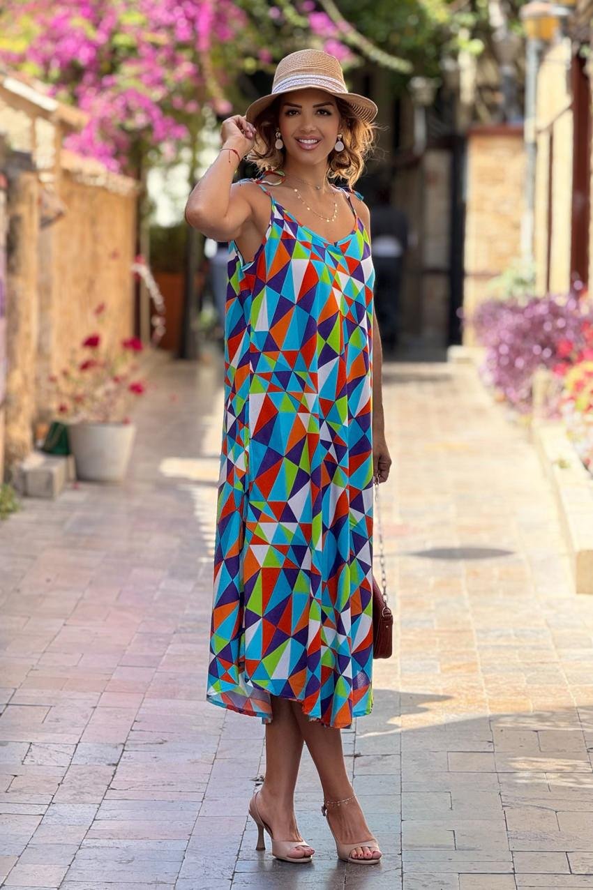 Turkuaz Mozaik Desenli Omuzları Bağlamalı Askılı Elbise