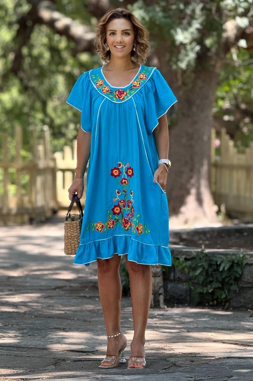 Turkuaz Renk Yaz Buketi Nakışlı %100 Pamuk Viskon Elbise