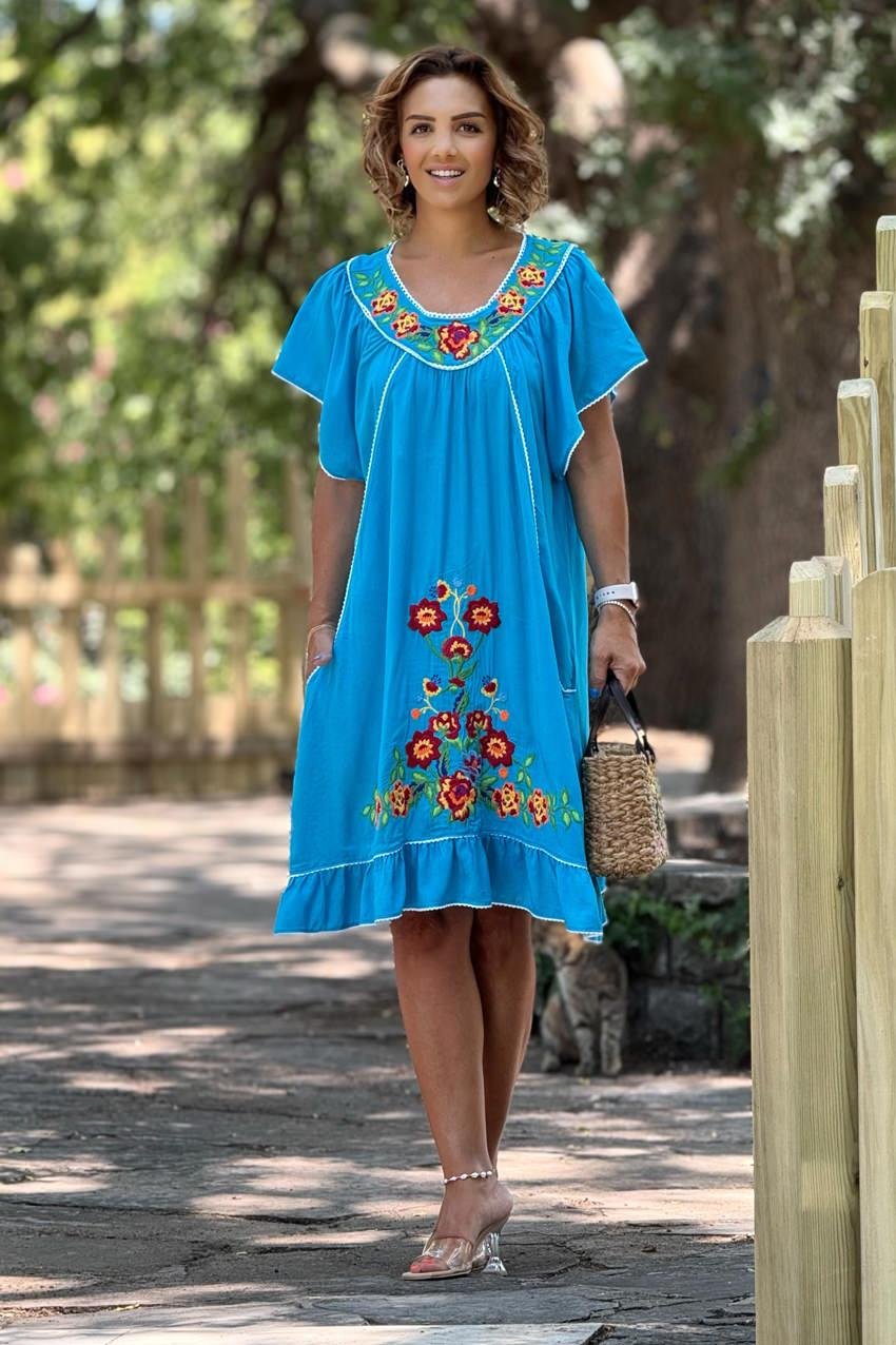 Turkuaz Renk Yaz Buketi Nakışlı %100 Pamuk Viskon Elbise
