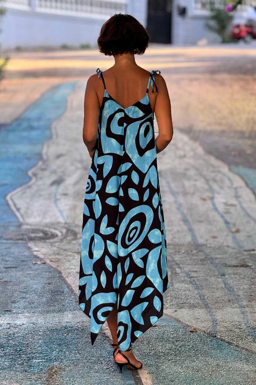 Turkuaz Samos Omuzları Bağlamalı Yazlık Askılı Elbise