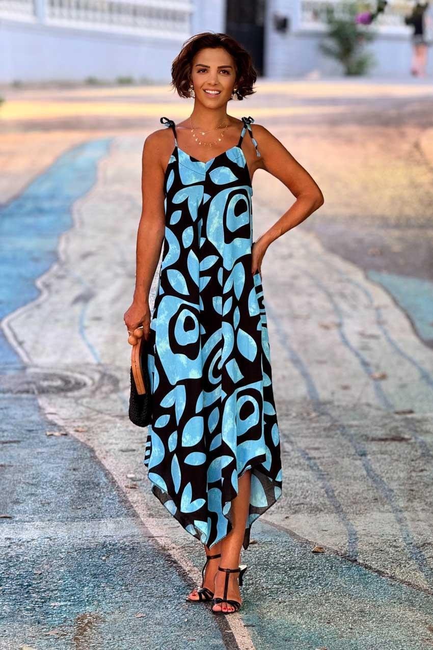 Turkuaz Samos Omuzları Bağlamalı Yazlık Askılı Elbise