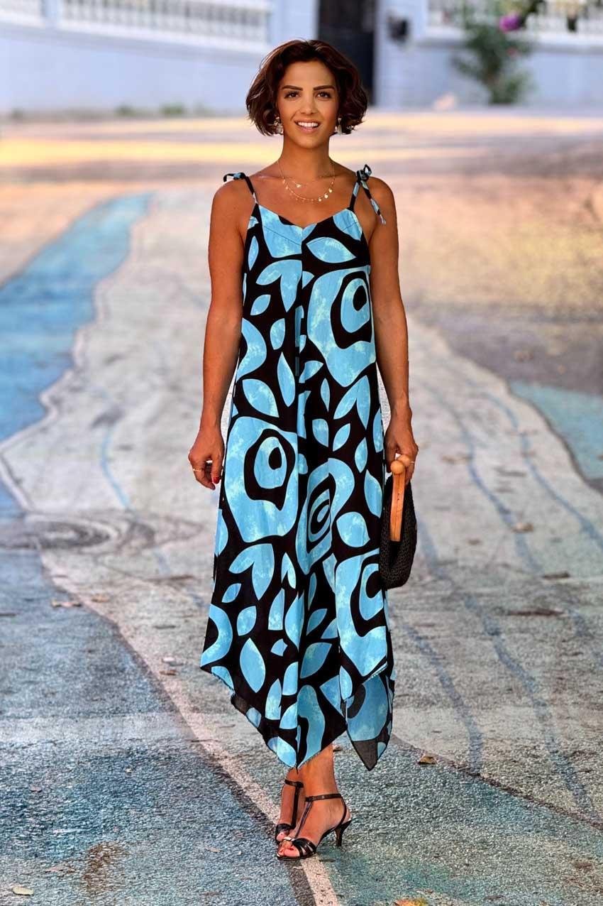 Turkuaz Samos Omuzları Bağlamalı Yazlık Askılı Elbise