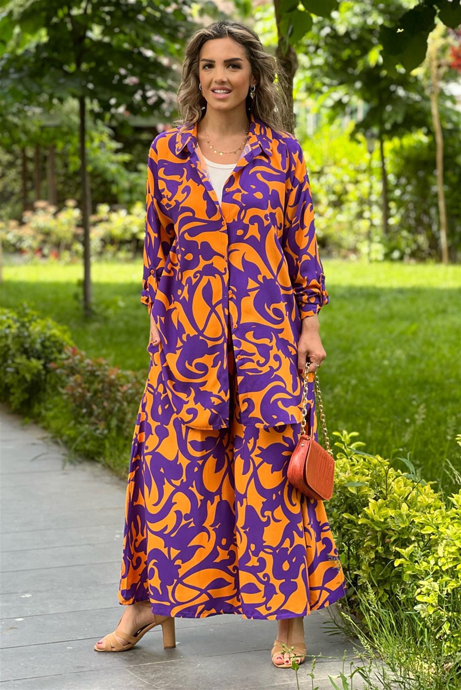 Turuncu Bahama Desenli Pantolon Gömlek İkili Takım