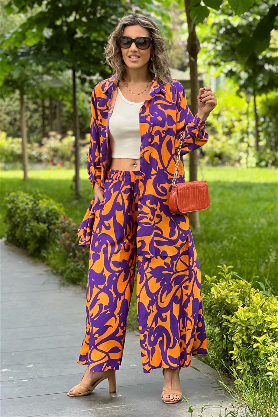 Turuncu Bahama Desenli Pantolon Gömlek İkili Takım