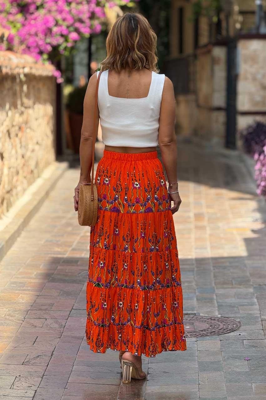 Turuncu Bahar Dalı Desenli %100 Pamuk Viskon Etek