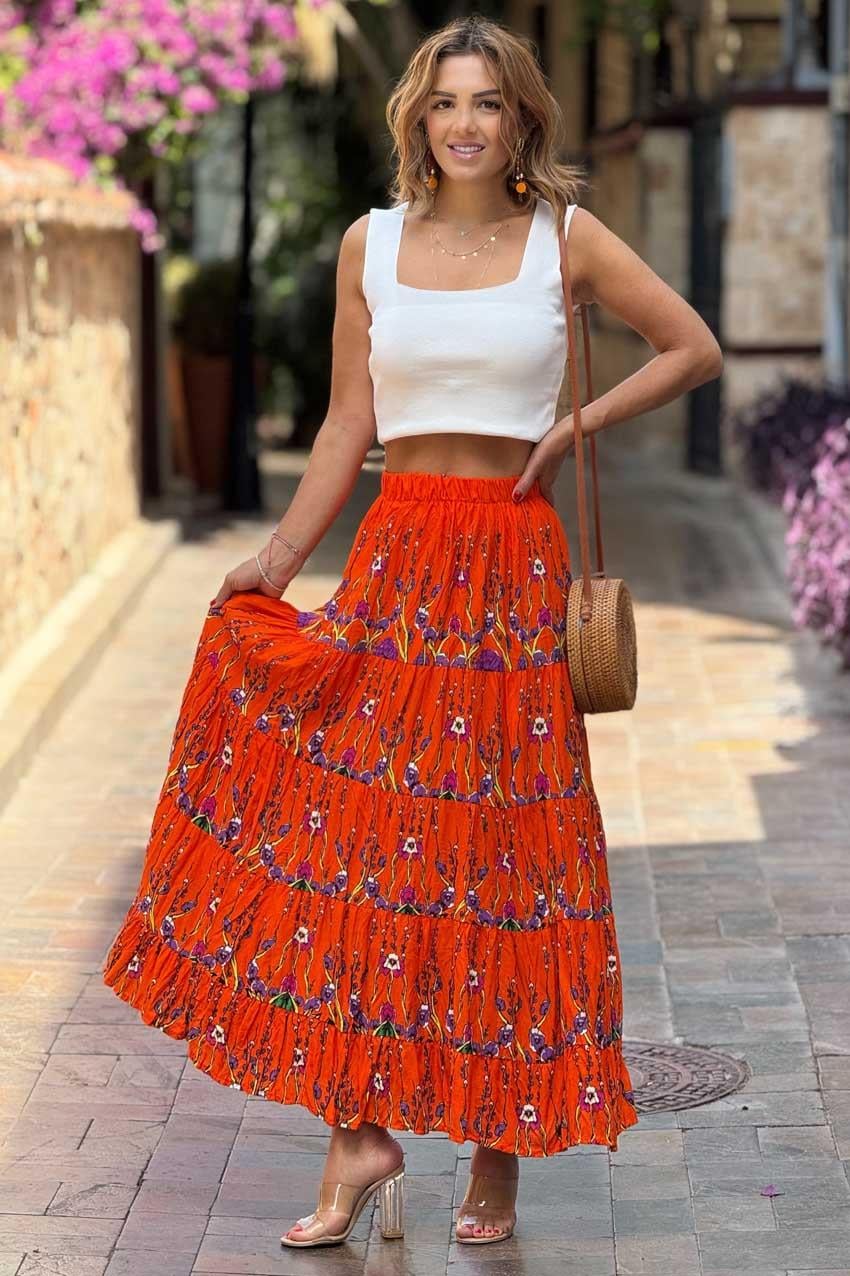 Turuncu Bahar Dalı Desenli %100 Pamuk Viskon Etek