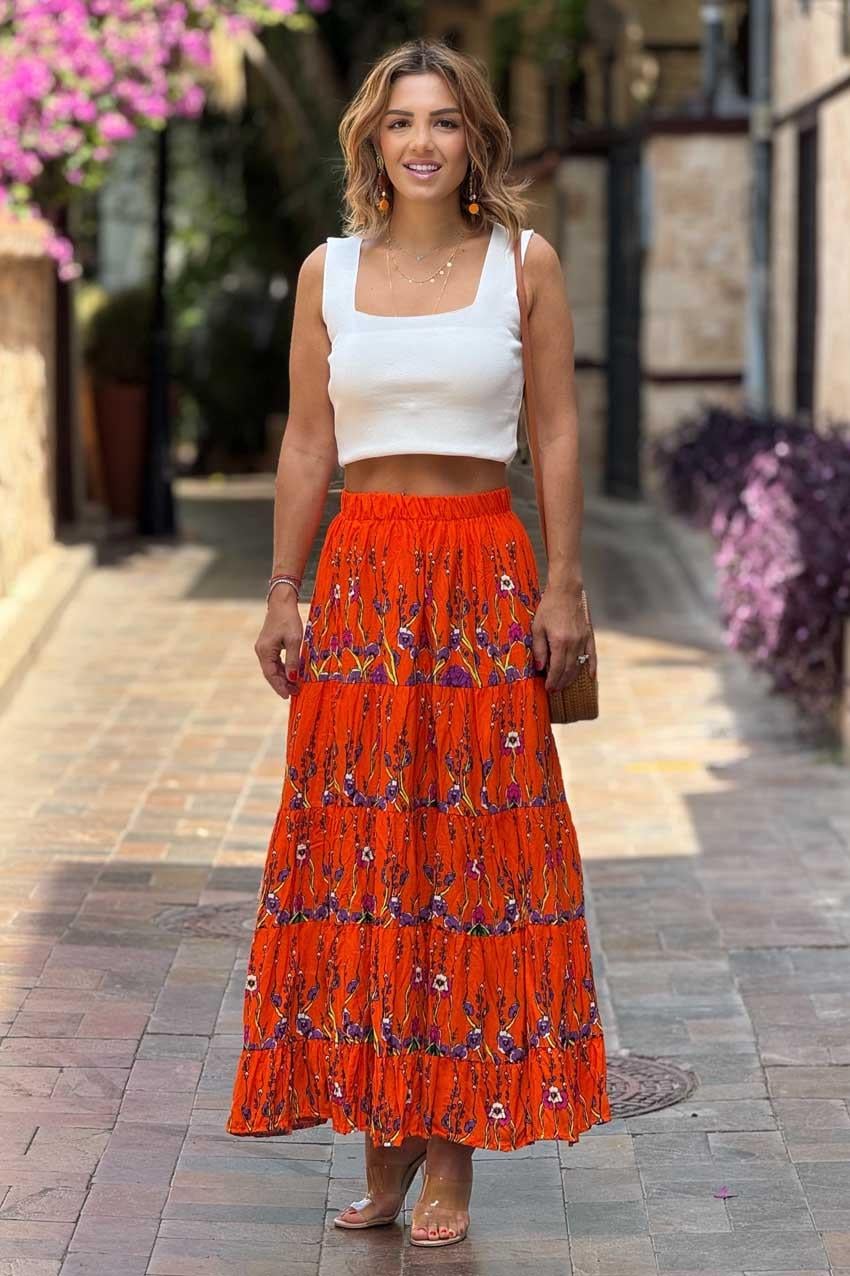 Turuncu Bahar Dalı Desenli %100 Pamuk Viskon Etek