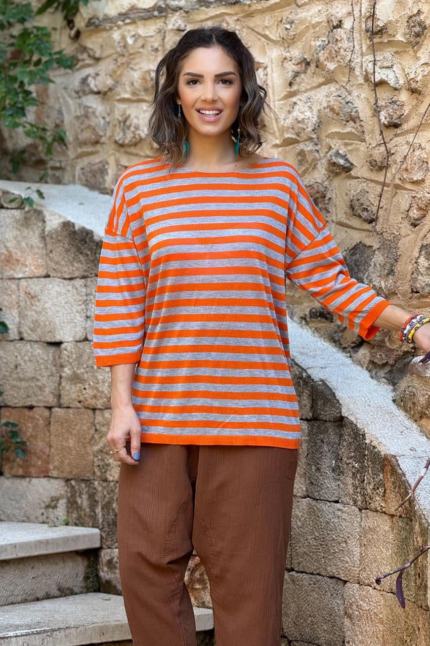 Turuncu Gri Basic Triko Kazak