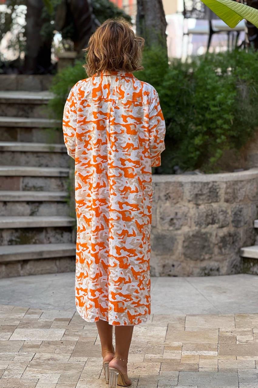 Turuncu Kamuflaj Gömlek Elbise %100 Pamuk