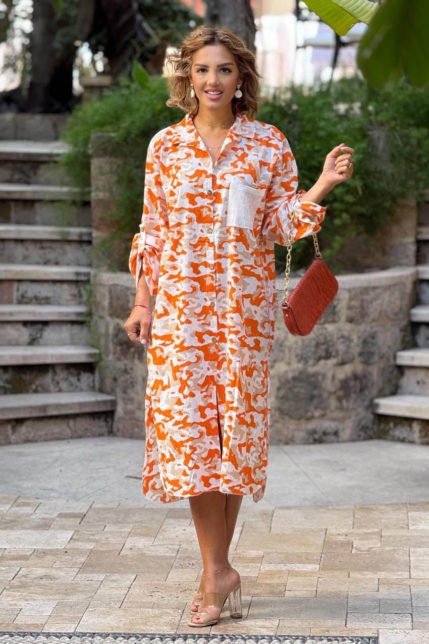 Turuncu Kamuflaj Gömlek Elbise %100 Pamuk