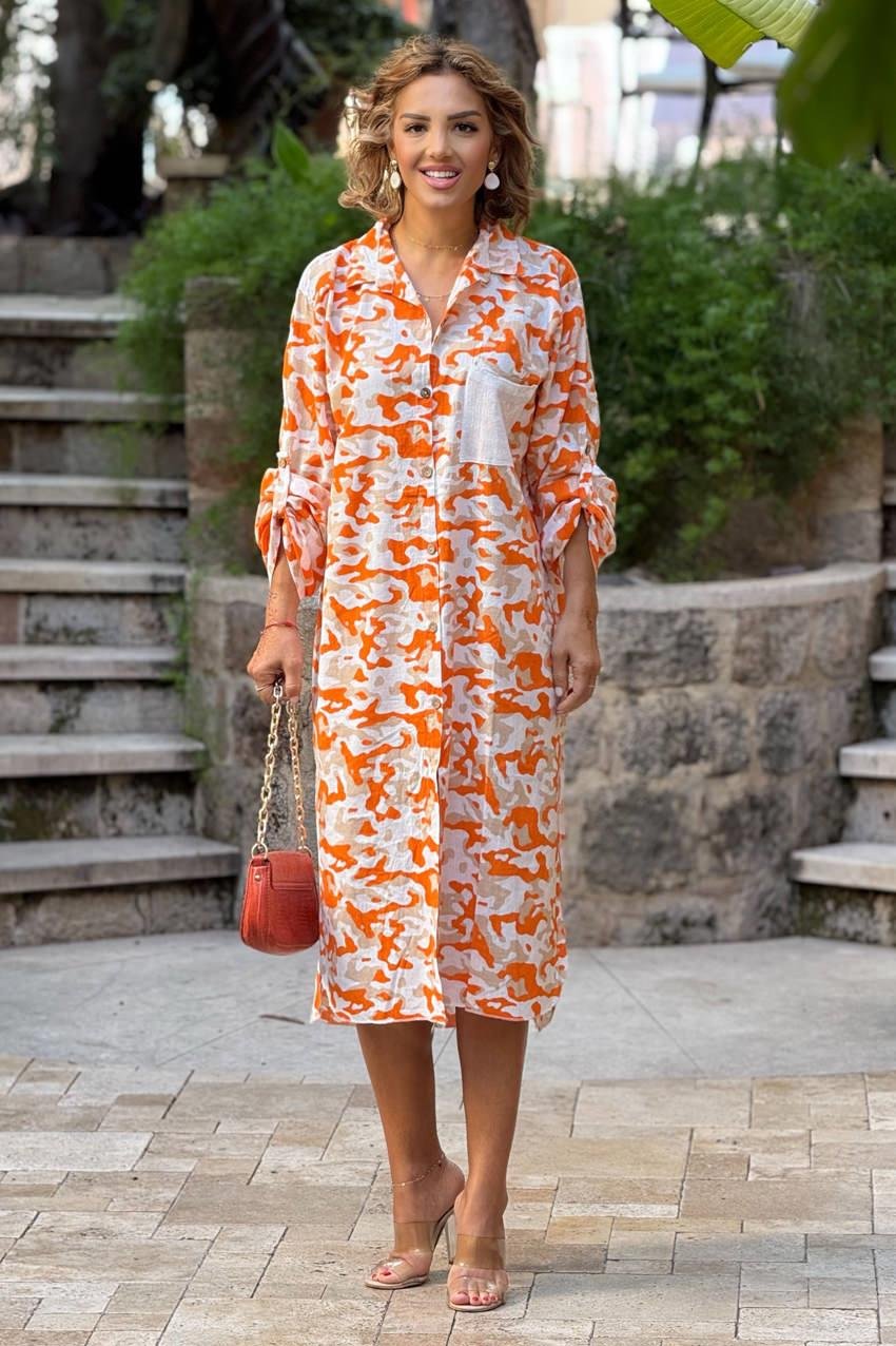 Turuncu Kamuflaj Gömlek Elbise %100 Pamuk