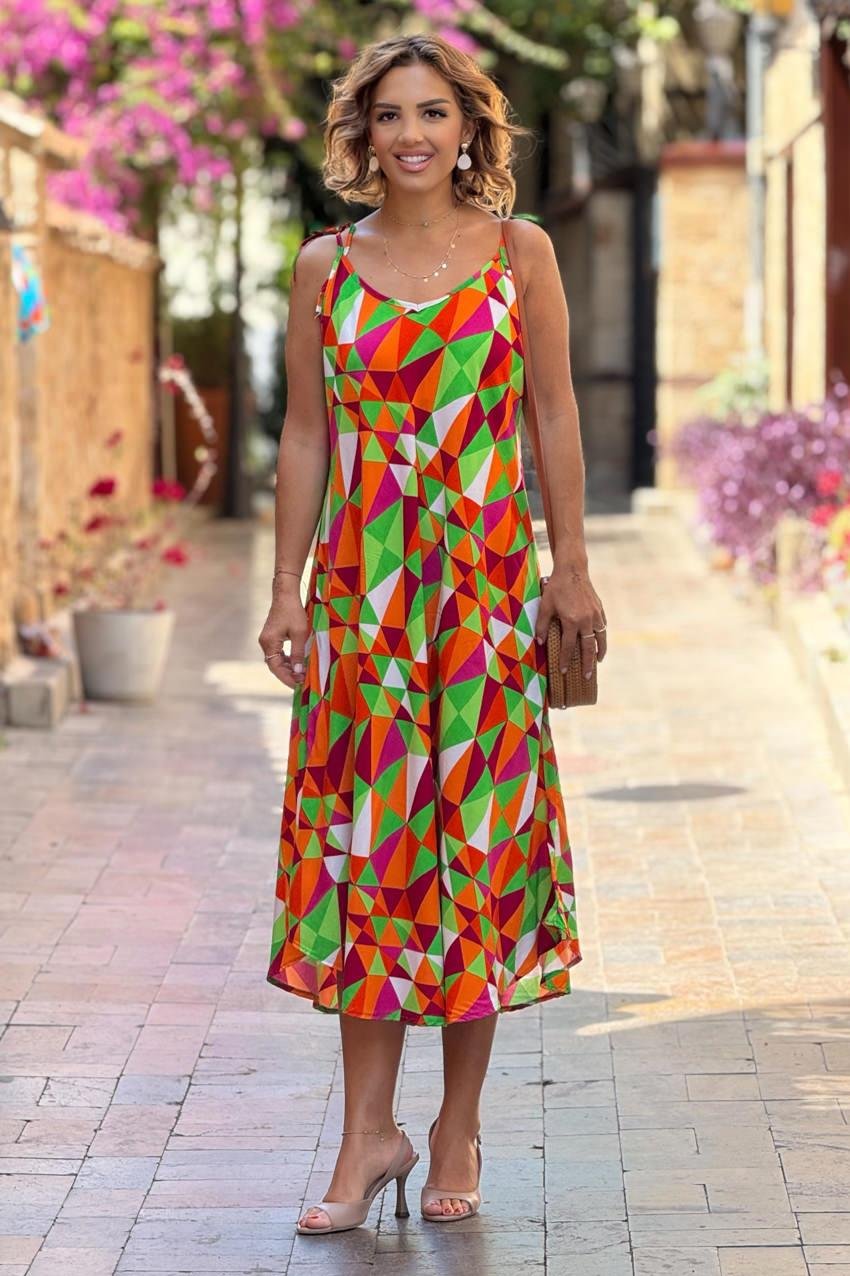 Turuncu Mozaik Desenli Omuzları Bağlamalı Askılı Elbise