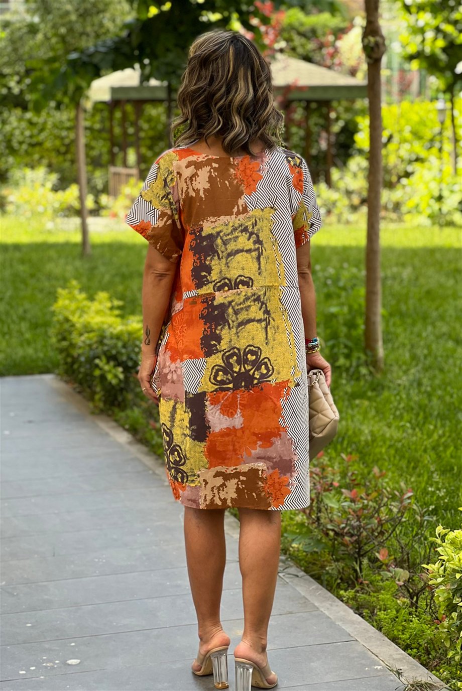 Turuncu Patchwork Desenli Midi Elbise