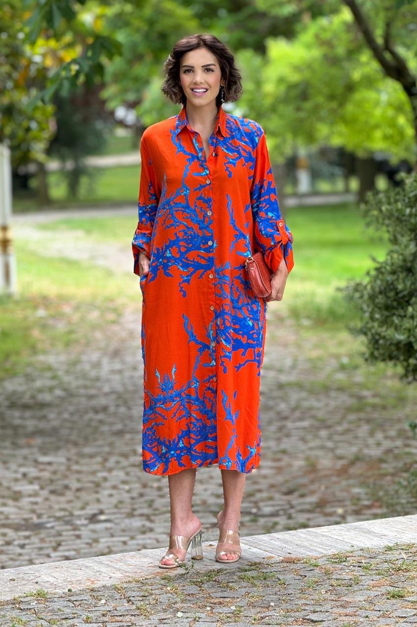 Turuncu Renk Resif Desenli Gömlek Elbise