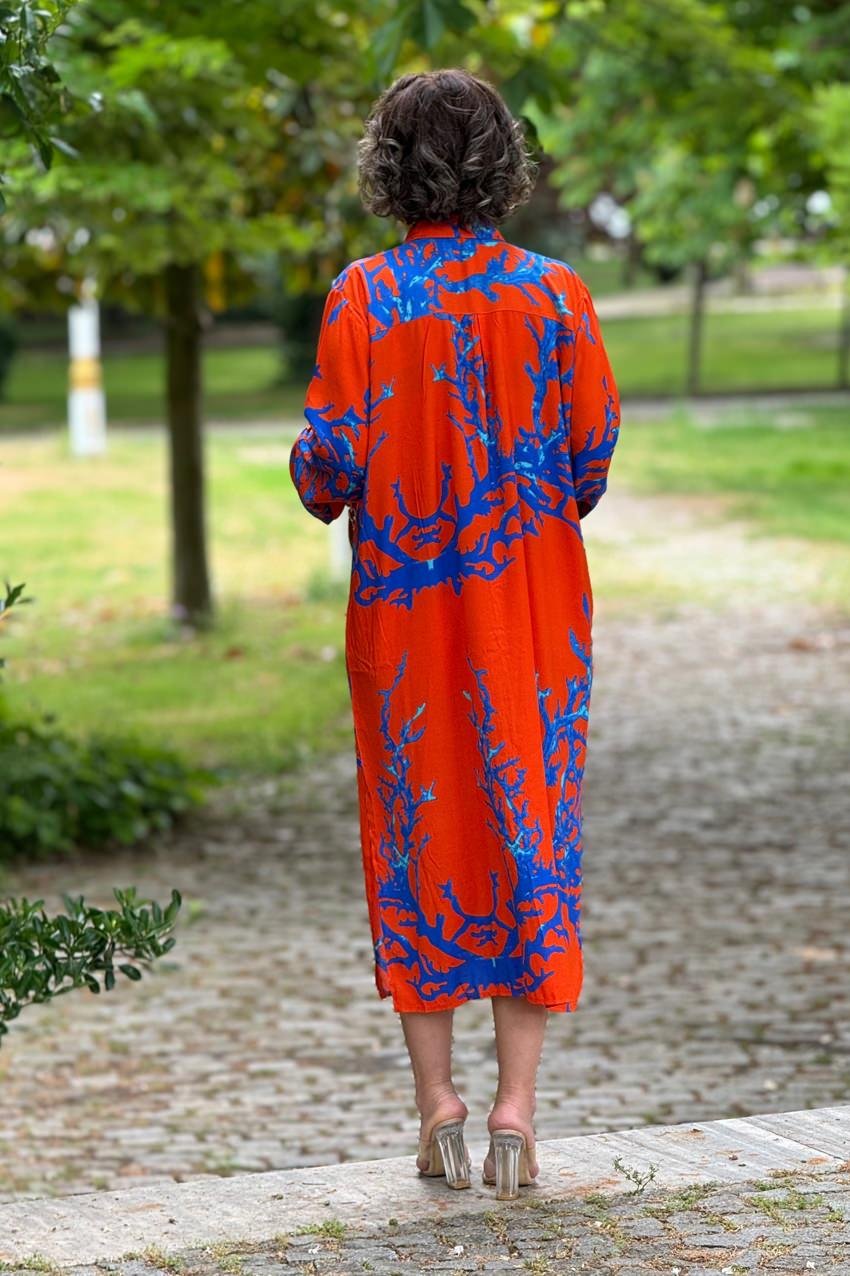 Turuncu Renk Resif Desenli Gömlek Elbise