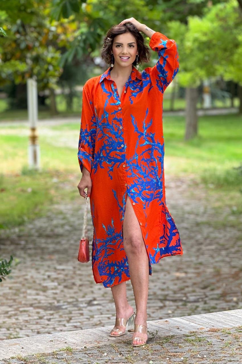 Turuncu Renk Resif Desenli Gömlek Elbise
