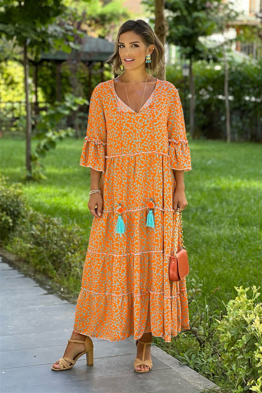 Turuncu Resif Desenli Bohem Elbise