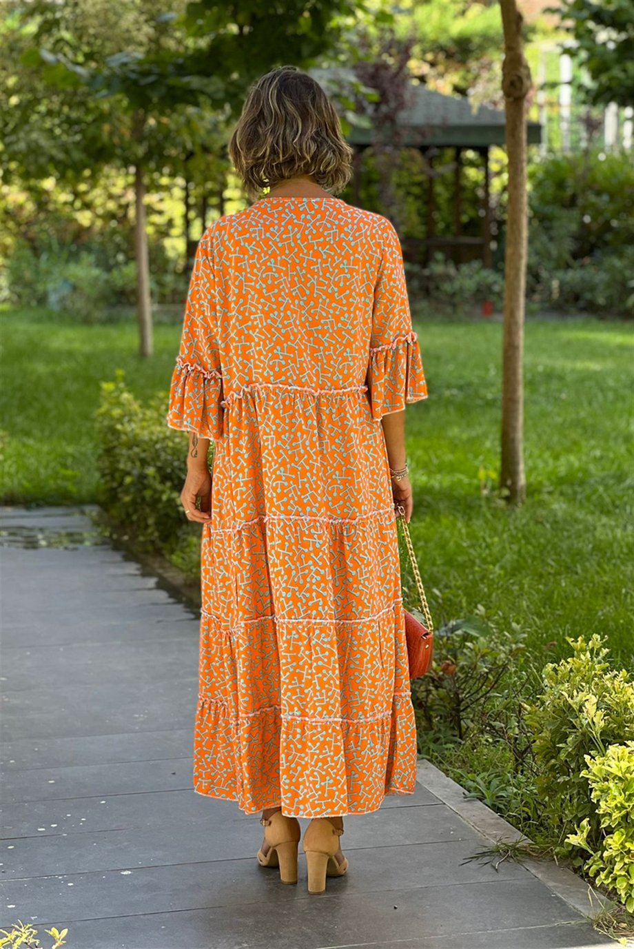 Turuncu Resif Desenli Bohem Elbise