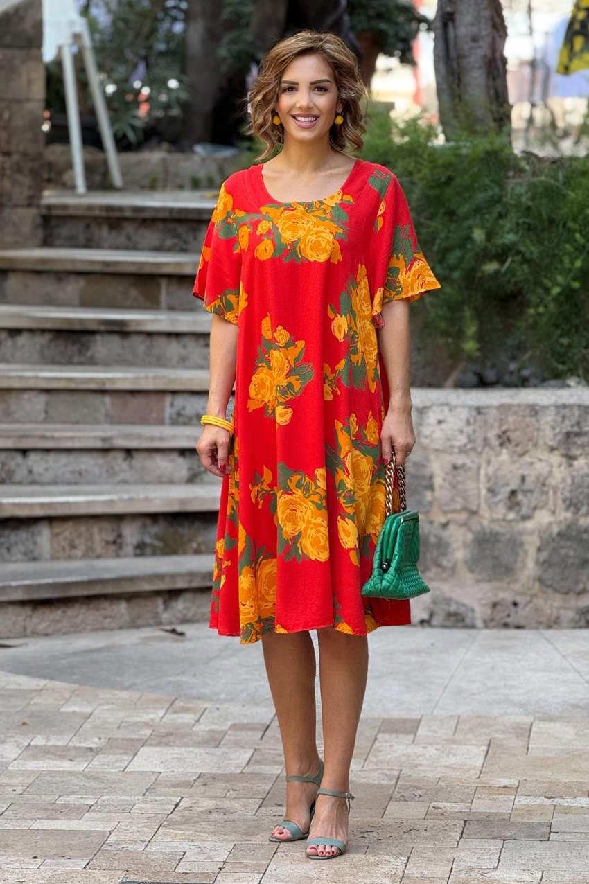 Turuncu Sarı Gül Desen Kayık Yaka %100 Pamuk Viskon Elbise