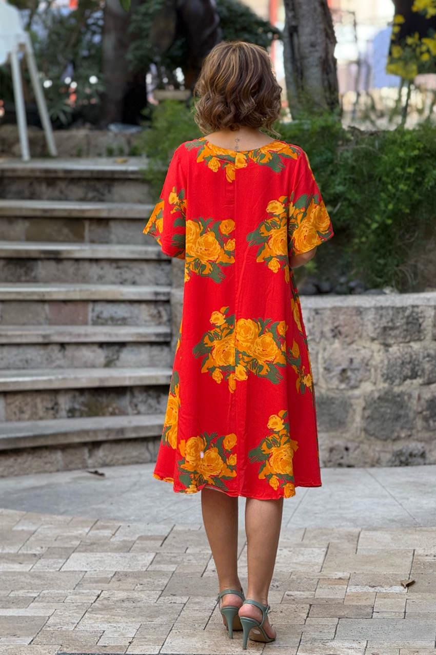 Turuncu Sarı Gül Desen Kayık Yaka %100 Pamuk Viskon Elbise